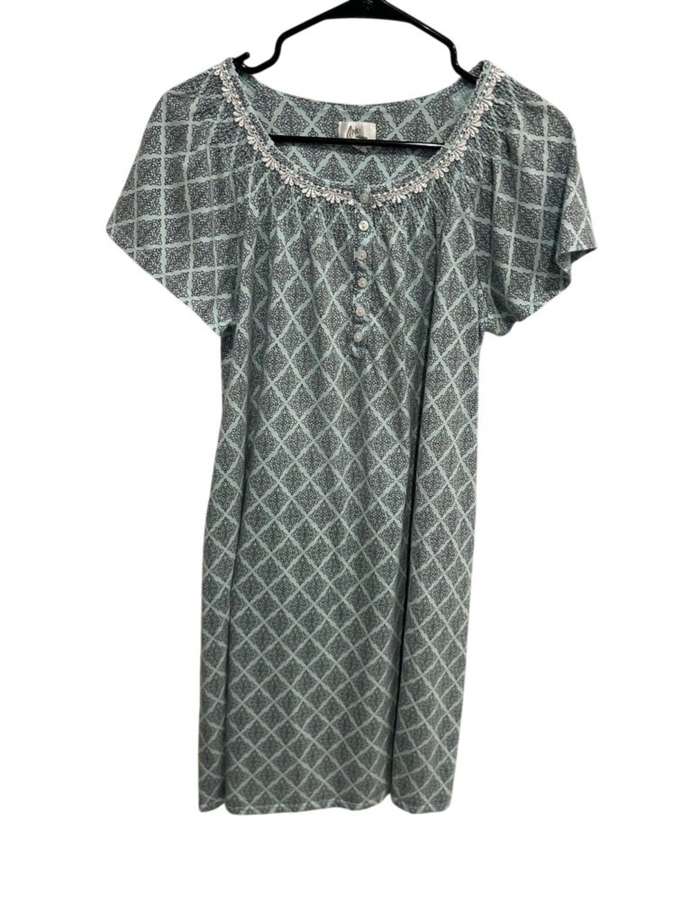 Aria Collection Large Blue Diamond Print Nightgown Lace Trim Cozycore Hygge